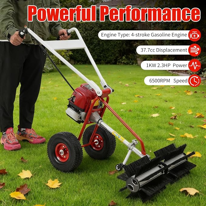 4 Stroke Gas Powered Hand Push Sweeper, Strong Power Lawn Sweeper Machine with 23in Long High-Density Brush, Artificial Grass Brush Gasoline Powered Broom for Lawn, Driveway, Snow