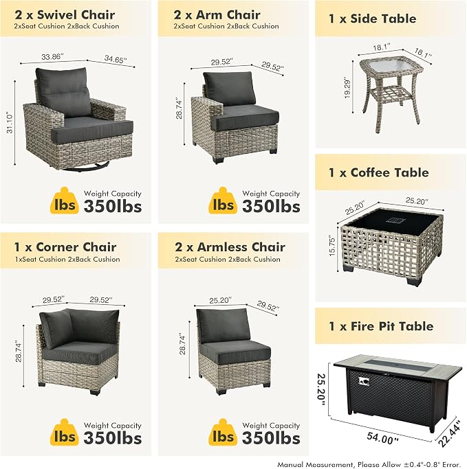 HOOOWOOO Sectional Patio Furniture Set with Fire Pit Table,10 Pieces Wicker Outdoor Furniture L Shaped Couch,Outside Conversation Set Extra Deep Seat Sofa Wide Arm Swivel Chairs Solar Table,Black