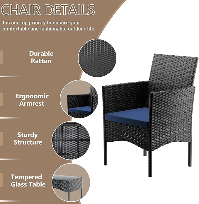 4 Pieces Patio Furniture Set Outdoor Conversation Set Rattan Furniture Set Wicker Chairs and Sofa with Glass Table for Porch Pool Backyard Garden,Navy Blue