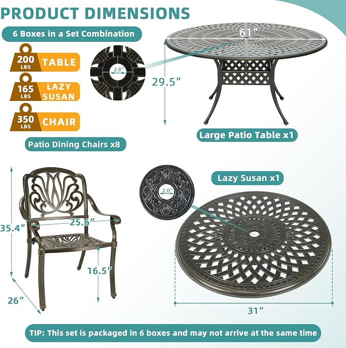 MEETWARM 9-Piece Outdoor Furniture Dining Set, All Weather Cast Aluminum Patio Garden Set- 8 Chairs, 61" Round Patio Dining Table with Detachable Lazy Susan, 2" Umbrella Hole,Dark Bronze