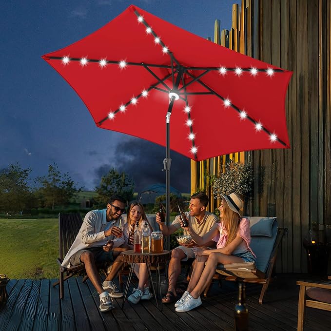 FLAME&SHADE 10ft Solar Outdoor Umbrella - 24 LED Lighted Patio Umbrella with Centre Surround Light, Table Umbrellas with Tilt & Crank for Pool, Porch, Garden, Deck, Backyard UV Protection (Red)