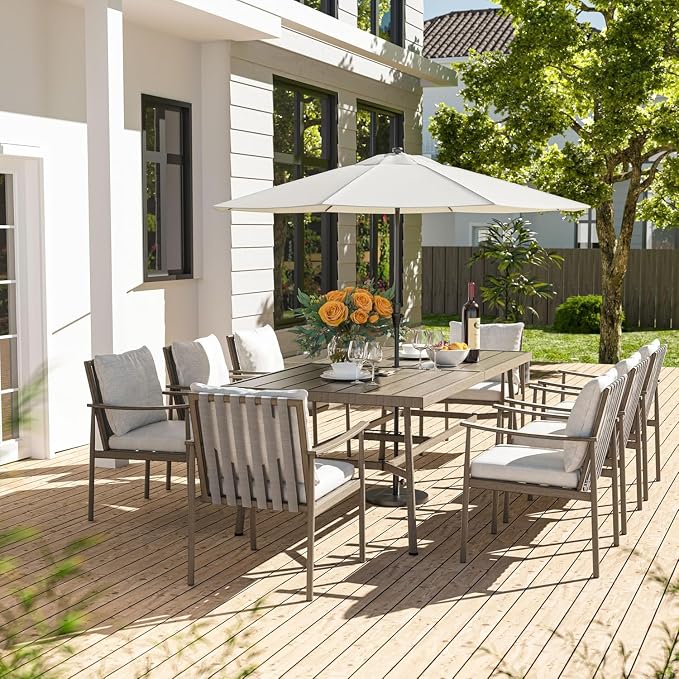 HAPPATIO 9-Piece Patio Table and Chairs Set for 8, Aluminum Outdoor Dining Set with Cushions, 8 Dining Chairs, 1 Large Rectangular Table with Umbrella Hole for Lawn, Porch, Backyard, Grey