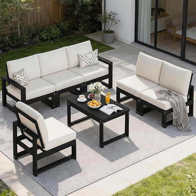 Patio Furniture Set, HDPE Sectional Outdoor Conversation Sets, 7-Piece Outdoor Couch Set with Deep Cushions, All-Weather Patio Sofa Set for Garden, Backyard, Porch, Black