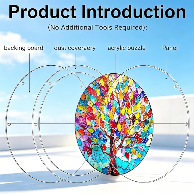 Acrylic Jigsaw Puzzle Suncatcher, 9.8inch Tree Acrylic Puzzles Suncatcher Window Hanging, 83 Pcs Premium Stained Glass Style Puzzle Suncatcher, DIY Window Suncatcher Acrylic Puzzle