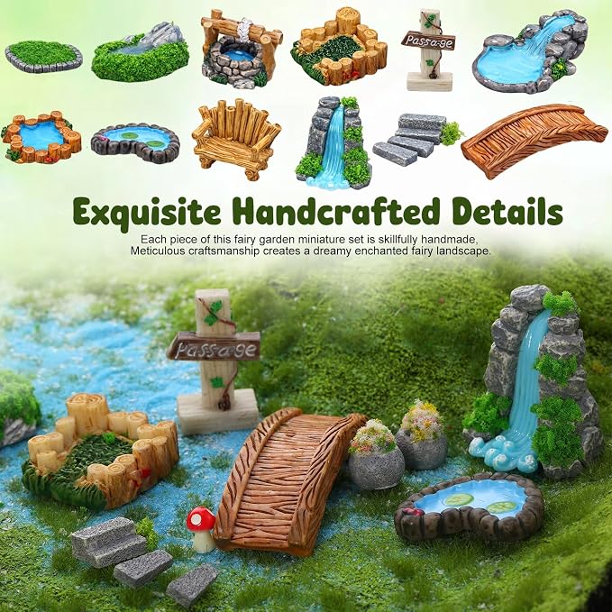 Mini Fairy Garden Accessories, Miniature Landscape Decorations Included Mini Bridge Pond Water Well for DIY Craft Lawn Pond Decor
