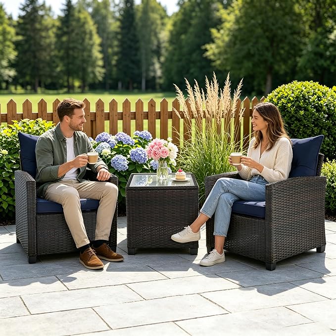 SHGJ&SOFT 3 Pieces Patio Furniture Set, Outdoor Conversation Set with Cushions, PE Rattan Wicker Bistro Set and Tempered Glass Tabletop, Outdoor Rattan Sofa for Poolside,Porch,Balcony (Navy Blue)