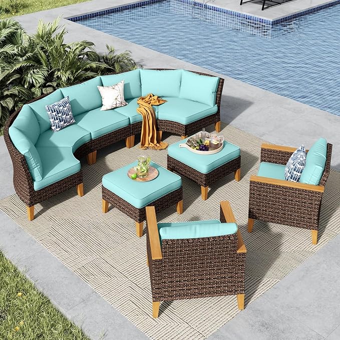 MFSTUDIO 9 Pieces Wicker Patio Furniture Set, Rattan Outdoor Half-Moon Curved Sectional Set for Backyard, 4 x Curved Sofa, 1 x Armless Chair, 2 x Ottoman, 2 x Corner Sofa(Aqua Cushions)