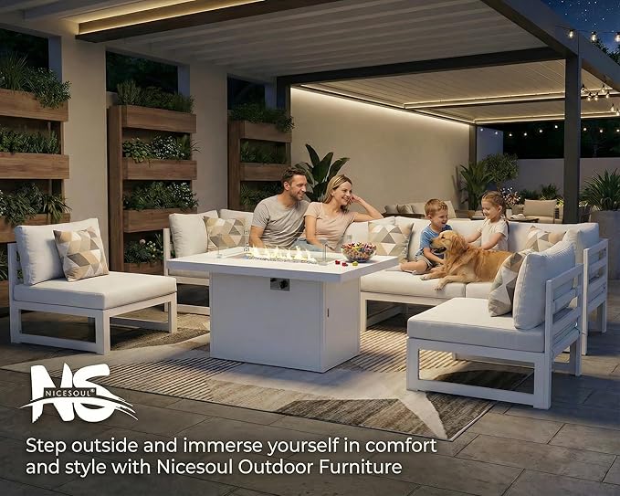 NICESOUL 7 Piece White Powder-Coated Aluminum Patio Furniture with Fire Pit Table, 29 Inch Extra Wide Outdoor Sectional Sofa for 6, High-End Heavy Duty L-Shaped Large Couch for Backyard, Light Gray