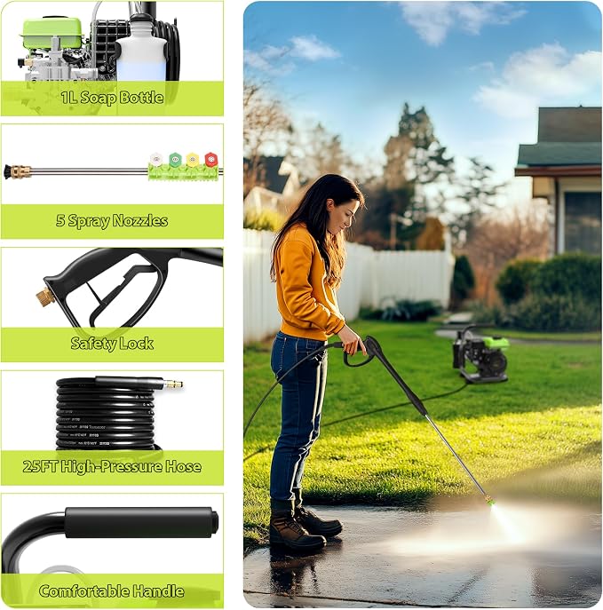 3500PSI Gas Pres*Sure Washer 2.4GPM Gas Po*wer Washer Cleaner 79CC Gas Powered Washing Machine Commercial High Pres*Sure Washer with 25ft Hose&5 Nozzles for Patio Garden Yard Vehicle,EPA/CARB/ETL