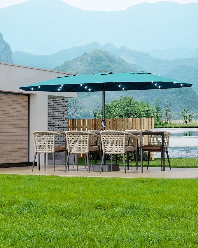 GarveeLife 15 ft Large Patio Umbrella with Lights, 36 LED Lights Double-sided Patio Umbrella with Weighted Base for Poolside Garden Backyard
