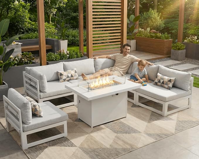 RADIATA 6 Person Large Modern Aluminum Outdoor Patio Furniture Set with Fireplace, 29" Wide Deep Seating, U Shaped Combo Sectional Couch, Water Resistant Conversation Set for Backyard Terrace, White