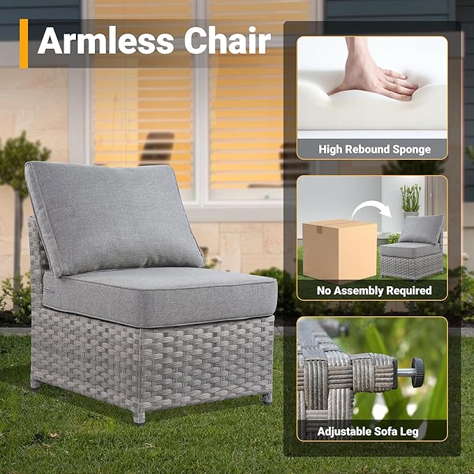12 Pieces Outdoor Furniture Patio Sectional Sofa Couch Gray PE Wicker Conversation Sets with Ottomans Glass Coffee Table for Garden Poolside Backyard