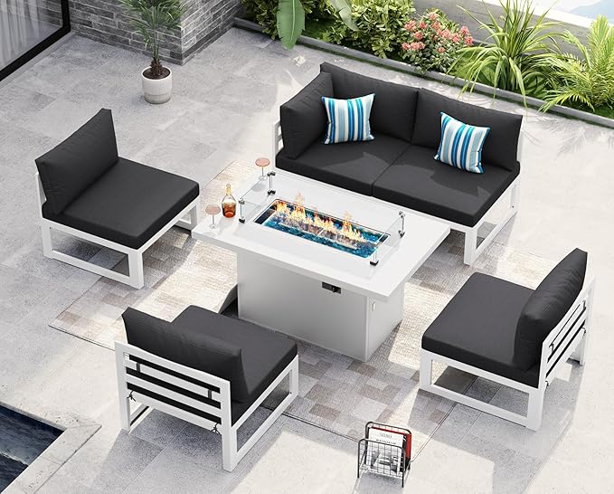 NICESOUL® 6 Piece XL-Large White Aluminum Outdoor Patio Furniture Set with Fireplaces Propane/Natural Gas, 29'' Deep Wide Seated Sectional Sofa, 500lbs Sturdy Sectional Couches for Backyard, Gray