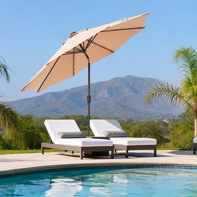 9FT Solar-Powered LED Patio Umbrella with Tilt Crank,Outdoor Market Umbrella with 32 Lights,Sunshade for Deck, Garden and Pool