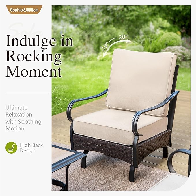 Sophia & William Patio Furniture Set, Outdoor Metal Conversation Set 7 Seats with 3-Seater Sofa, 2 Motion Chairs, 1 Loveseat, 1 Coffee Table for Seating, Lawn Porch Backyard,Beige