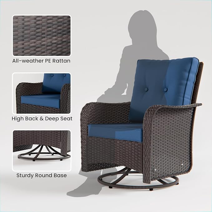 13 Pieces Outdoor Patio Furniture Set,Outdoor Sectional Furniture with 43" 55000 BTU Gas Propane Fire Pit Table,PE Rattan Wicker Patio Conversation Set,Swivel Rocking Chairs Set,Navy Blue