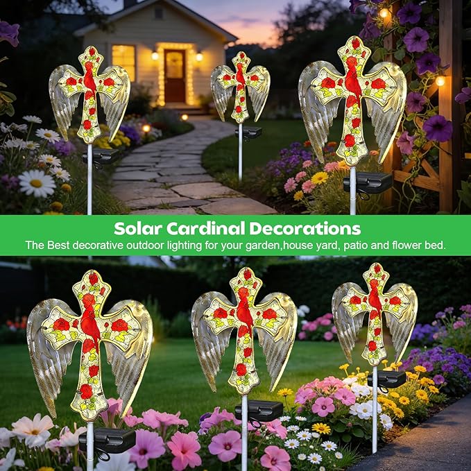 Solar Cross Lights Outdoor, Solar Cardinal Stake Lights Cemetery Decorations for Grave, Jesus Cross Sympathy Memorial Gifts for Women Mom Christmas, Glass Garden Art for Cemetery Yard Patio