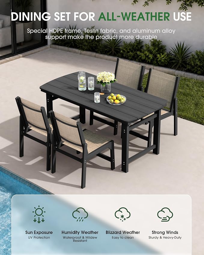 HDPE Outdoor Patio Dining Set with Table & 4 Stackable Armless Textilene Chairs, All-Weather 5-Piece Dining Table Set with Umbrella Hole, Patio Furniture for Garden, Poolside, Backyard, Deck | Black