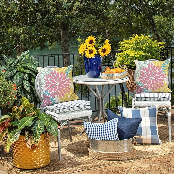 DFXSZ Outdoor Waterproof Pillow Covers 18x18 Set of 2 Pink Yellow Flower | Spring Summer Waterproof Flower Throw Pillowcases（No Inserts）Decor for Valentines Patio Funiture Garden Polyester Covers