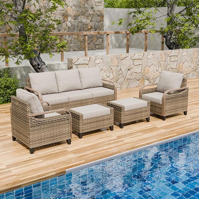 Modern Wicker Patio Furniture Set, Rattan Outdoor Conversation Set with Comfortable Cushions, 2 Patio Chairs, 3 Seat Couch and 2 Ottomans, 5 Pieces, Brown/Gray