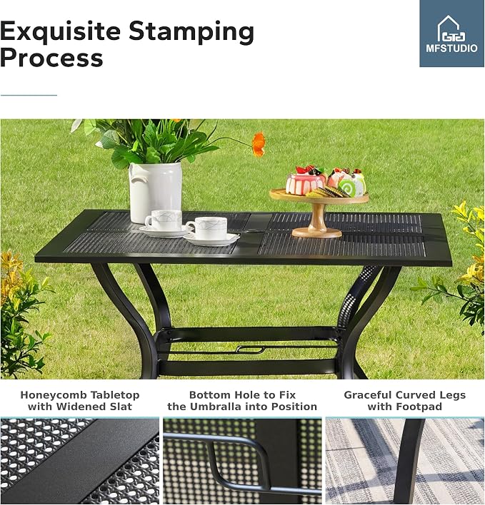 MFSTUDIO 37" x 37" Square Outdoor Dining Table Patio Bistro Table Powder-Coated Steel Frame Top Umbrella Stand Deck Outdoor Furniture Garden Table, Black