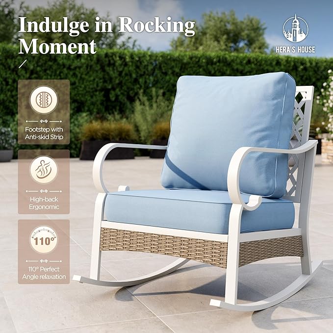HERA'S HOUSE 6 Piece Metal Patio Furniture Set, All Weather Outdoor Conversation Set with 3-Seat Sofa, 2 Rocking Chairs, 2 Fixed Chairs & Coffee Table, 7 Seats for Backyard, Garden, Deck, White/Blue