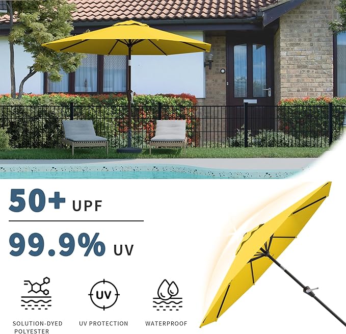 10FT Patio Umbrella, Outdoor Umbrella with Push Button Tilt and Crank, 8 Sturdy Ribs, UV Protection & Waterproof Market Umbrella for Pool, Backyard, Beach,Deck (Yellow)