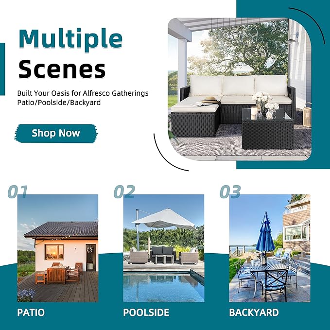 SUNLEI Patio Furniture Set with Detachable Soft Cushions, Outdoor PE Rattan Patio Conversation Sofa Set, 3-Piece Patio Sectional Sofa with Glass Coffee Table, Black Rattan/White