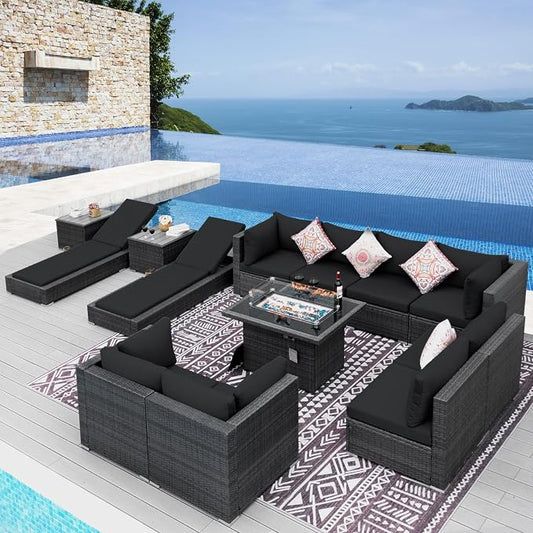 NICESOUL 13 Piece Outdoor Seating with Fire Pit Table, High-End Wicker Patio Furniture Set with Chaise Lounge, Comfy 29.3'' High Back Deep Sectional Sofa, All-Weather Backyard Sitting, Grey & Black