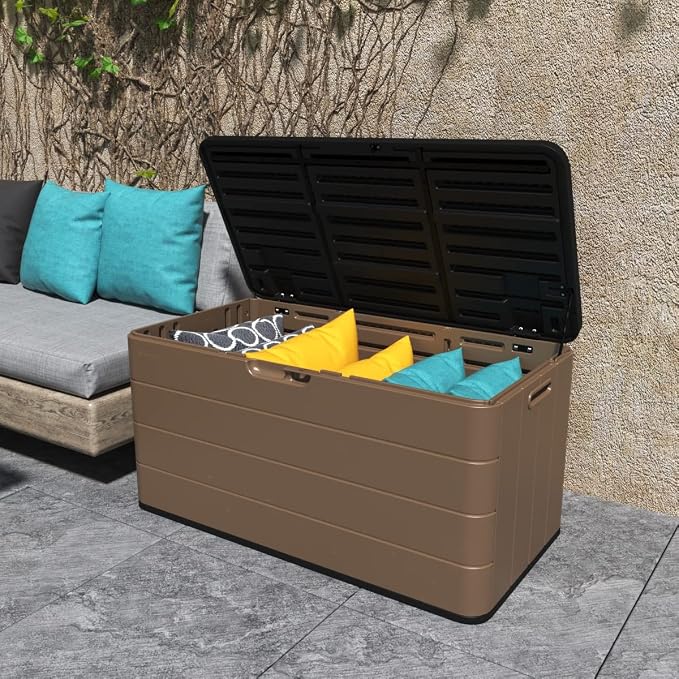 Mrosaa Resin Deck Storage Box, 85 Gallon Outdoor Storage Box Waterproof for Garden Storage,Patio and Backyard, Lockable Brown Color