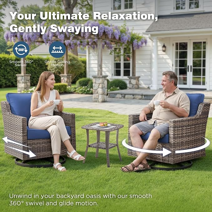 Belord Patio Wicker Swivel Rocker Patio Chairs with 3-Seater Sofa, Outdoor Rattan Chairs for Deck Porch Poolside, 7 Piece Patio Conversation Furniture Set,Blue