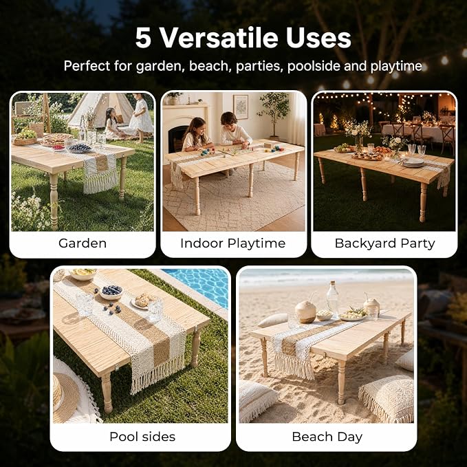 Boho Folding Picnic Table, 60" x 30" Low Wooden Table | Includes Table Runner & Non-Slip Pads, Portable Indoor/Outdoor Table for Camping, Beach, Garden, Wedding & Parties, Seats 6-8