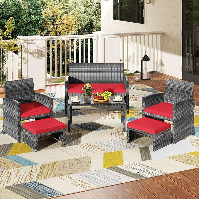 Tangkula 6 Pieces Patio Furniture Set, Outdoor Rattan Conversation Chairs Set with 1 Loveseat, 1 Coffee Table, 2 Armchairs and 2 Ottomans for Garden, Deck, Backyard and Poolside (Red)