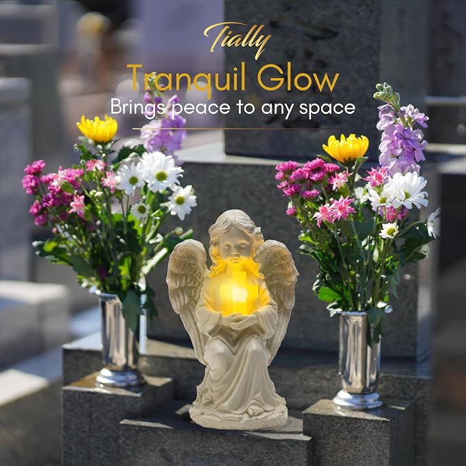 Solar Angel Garden Statue with Cross, 12" Memorial Cemetery Guardian Light | Bright all-night warm glow, true-to-size 12in, weatherproof resin built to last - not flimsy plastic; lights up every night
