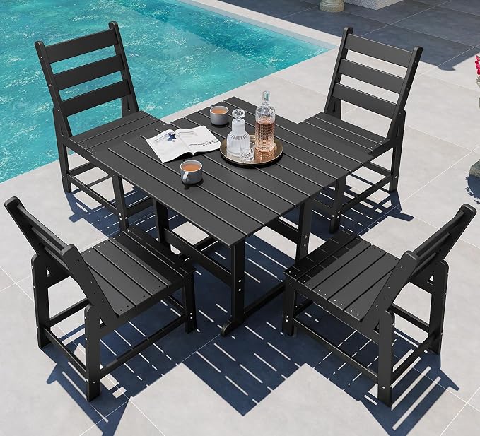 GREENVINES 5-Piece-Outdoor-Dining-Set | HDPE | Square | Patio Furniture | All Weather | Armless Chair | Slatted Table and Chairs Sets for 4 | for Backyard Poolside Garden | Black