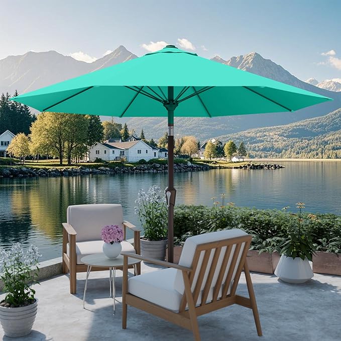 PatioKingdom Auto-Tilt 9FT Patio Umbrella Outdoor with 8 Sturdy Fiberglass Ribs,Market Table Umbrella for Pool,Backyard,Deck and Garden(Peacock Blue)