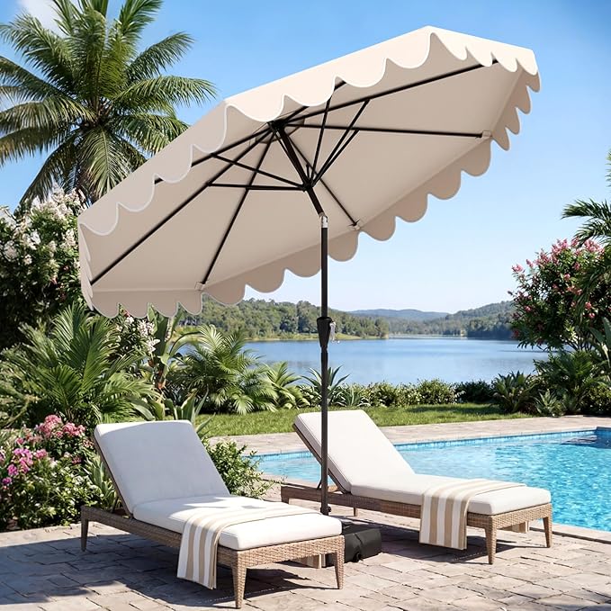 Tangkula 10 FT Patio Umbrella with Base Included, 2-Tiers Outdoor Scalloped Table Umbrella with 2 Sandbags, Tilt Adjustment, Crank, 8 Ribs for Market Backyard Pool Deck Beach Lawn