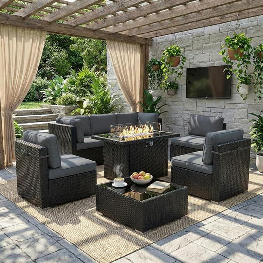 LayinSun 8 Piece Patio Furniture Set with 44" Propane Gas Fire Pit Table, Outdoor Sectional Conversation Set Wicker Rattan Sofa Set with Coffee Table