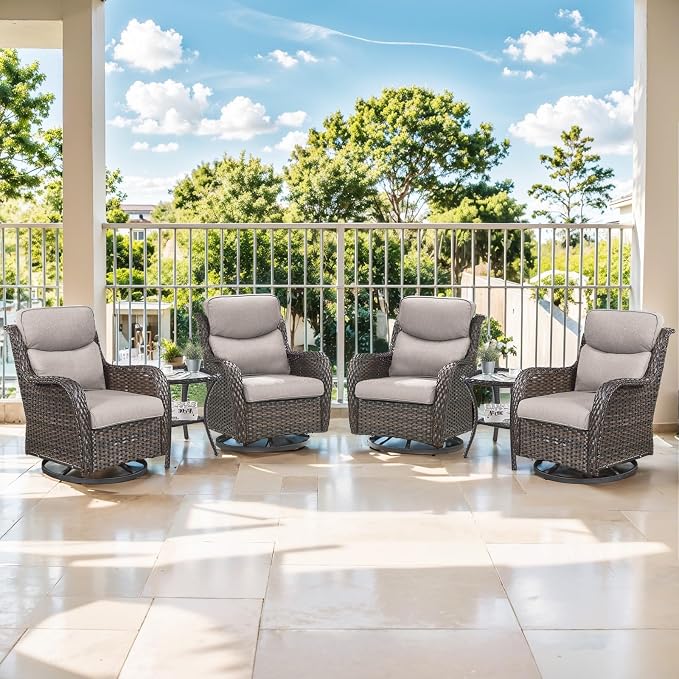 Outdoor Swivel Rocker Patio Chairs Set of 4 with Side Table - 5" Thick Cushion 6 Piece Furniture Set All Weather Comfortable Wicker Conversation Set for Porch Poolside and Deck - Brown/Beige