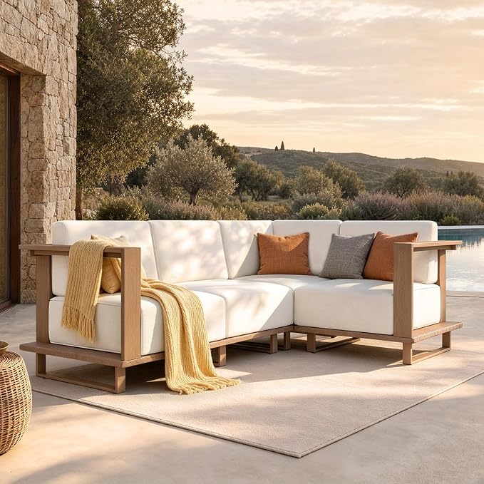 Sophia & William HDPE Patio Furniture Set，Modern Outdoor Sectional Sofa Set with 9.8" Cushions and High Back, L Shape Deep Seating Outdoor Conversation Set for Porch, Backyard(Beige, 4 Pieces)