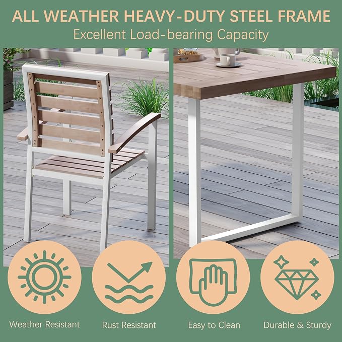 WiberWi 7 Piece Outdoor Dining Set for 6, Acacia Wood 59.1" Patio Table and Chairs Set with Metal Frame, Patio Dining Furniture Set for Garden, Balcony, Backyard, Poolside, Natural & White
