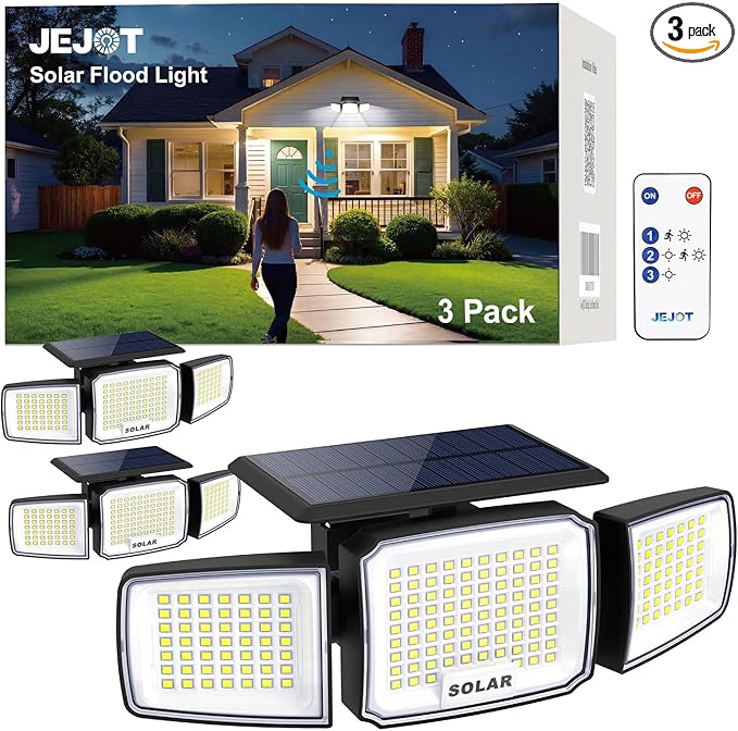 Solar Security Light Outdoor Super Bright LED, Motion Sensor Flood Light, 3 Heads 270° Wide Angle,Remote Control, IP65 Waterproof, 3 Modes (3 Packs)