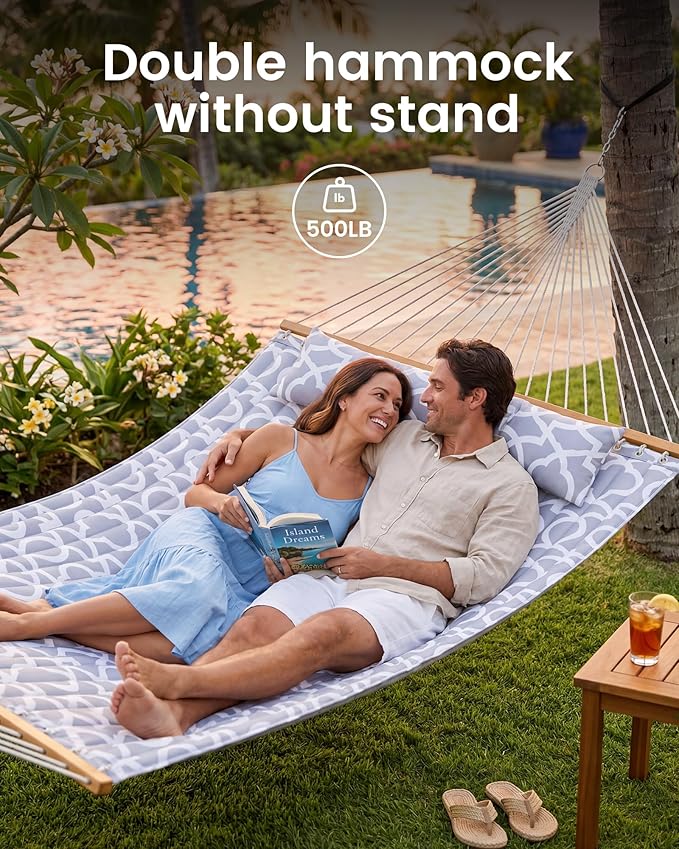Double Quilted Outdoor Hammock for 2 Adults, 500lb Capacity Backyard & Camping Hammock with Pillow and Bamboo Spreader Bar, Fits 11–15ft Hammock Stands (Stand Not Included),Light Gray