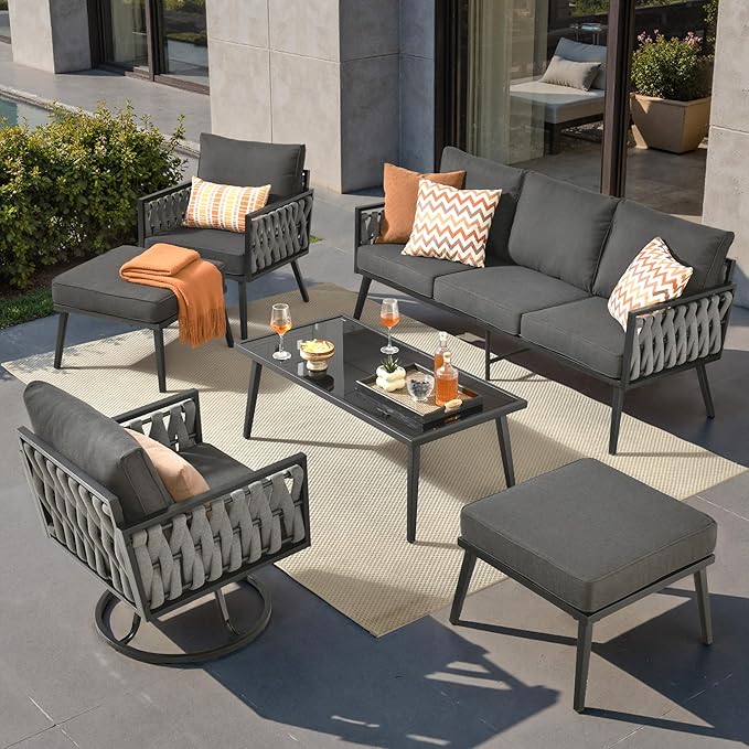 Outdoor Patio Furniture Set, 6-Piece Metal Conversation Furniture Sofa with Coffee Table, All Weather Patio Couch Sofa with Thick Cushions for Balcony Backyard,Black
