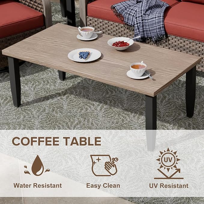 COOS BAY Modern Wicker Outdoor Furniture Set, 8 Piece Patio Conversation Set with 2 Swivel Rockers, 2 Patio Chairs, a 3 Seat Couch, a Loveseat, Coffee Table and Side Table, 8 Piece, Brown/Red