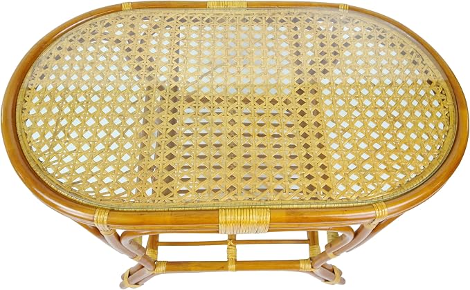 Malibu Lounge Set of 4: 2 Natural Rattan Wicker Chairs, Three-Seater Sofa and Coffee Table with Glass Handmade, Colonial Color with Black Leaf Cushions