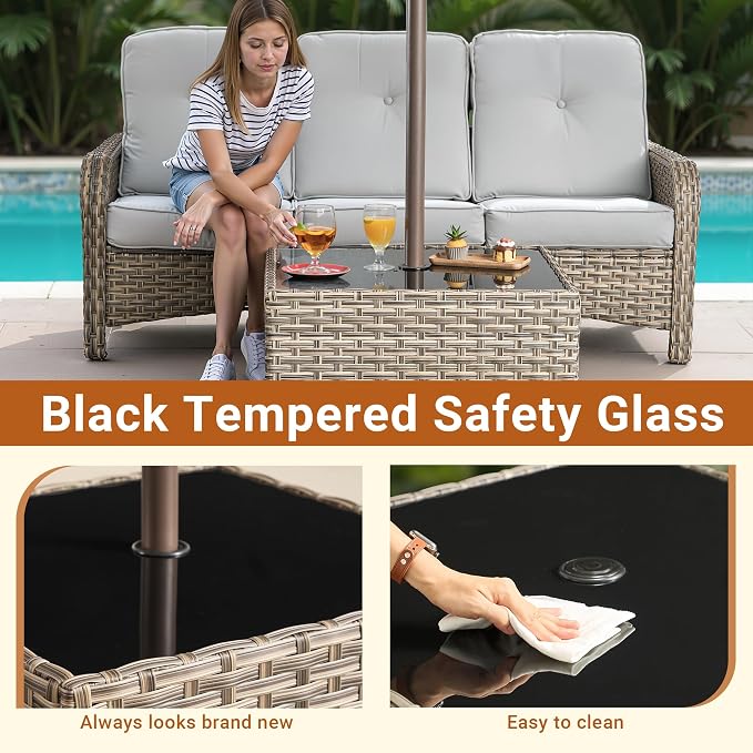 HOOOWOOO Outdoor Patio Side Table with Umbrella Hole,Wicker Coffee End Table Glass Top,Umbrella Table with 1.64" and 2" Hole for Yard,Deck,Porch,Garden(Rectangle Brown)