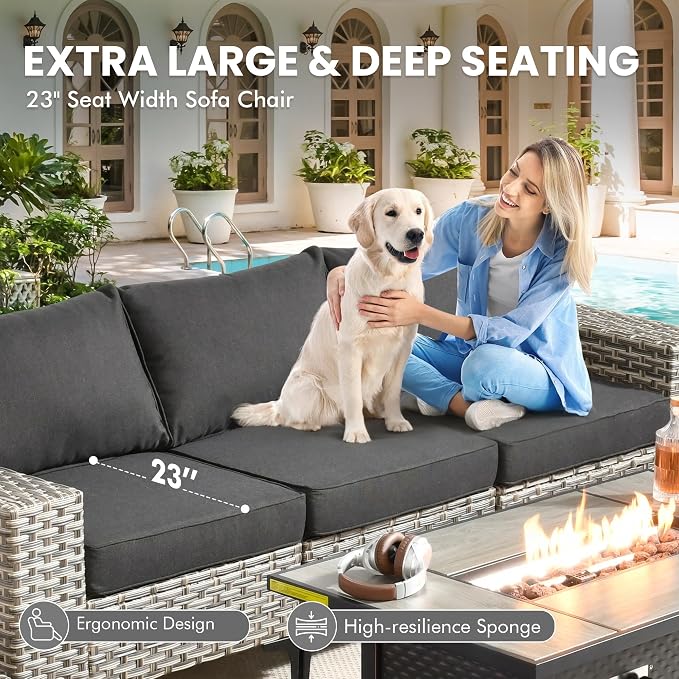 8 Pcs Patio Outdoor Furniture Set - All Weather Wicker Outdoor Sectional Sofa Couch with Swivel Fire Pit Table and Rocking Chairs e,Patio Rattan Conversation Set for Garden Deck Yard,Black