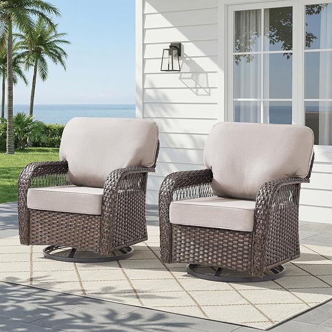 Belord Patio Chairs Set of 2, Wicker Swivel Rocker Outdoor Chairs for Deck Porch Garden, 2 Piece Luxury Patio Furniture Set,Beige