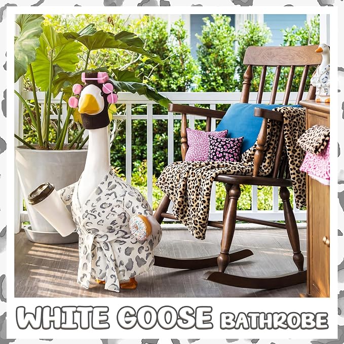 Shyyween Lady Porch Goose Outfit for 23'' Cement Plastic Lawn Goose Statue Clothes Silver Leopard Bathrobe Coffee Cup Curlers for Outdoor Garden Yard Patio Decoration